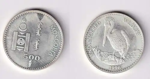 500 Tukhrik Silber Münze Mongolei bedrohte Tierwelt, Pelikan 1996 PP (166269)
