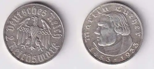 2 Mark Silber Münze 3.Reich Martin Luther 1933 A f.vz (166608)