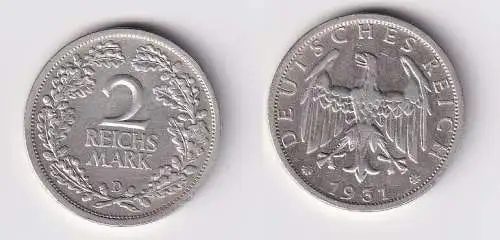 2 Mark Silber Münze Weimarer Republik 1931 D Jäger 320 (166568)