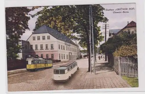 905848 Ak Chemnitz-Borna - Gasthaus "Grüner Hof", Straßenansicht mit Straßenbahn