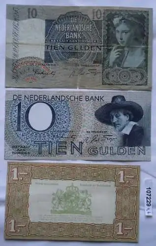 3 Banknoten Niederlande 1 Gulden 1938 und 10 Gulden 1942 und 1944 (107229)