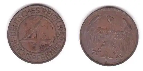 4 Pfennig Kupfer Münze Weimarer Republik 1932 A "Brüning Taler" (116951)