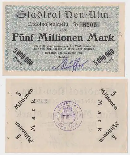 5 Millionen Mark Banknote Inflation Stadt Neu-Ulm 22.August 1923 (132140)