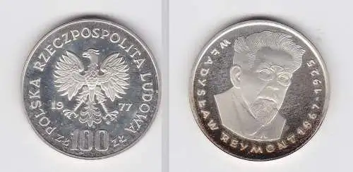 100 Zloty Silber Münze Polen Wladislaw Reymont 1977 PP (131563)