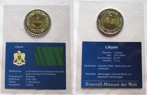 Bi-Metall Münze 1/2 Dinar Libyen 2004 in TOP Erhaltung im Blister (121630)