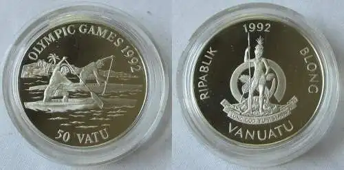 50 Vatu Silber Münze Vanuatu 1992 Olympische Spiele 1992 Kanufahrer (102885)