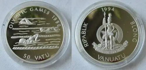 50 Vatu Silber Münze Vanuatu Olympiade 1996 Atlanta Schwimmer 1994 (108473)