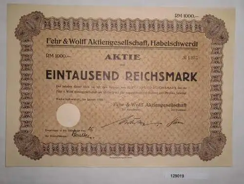 1000 Reichsmark Aktie Fehr & Wolff AG Habelschwerdt Januar 1929 (129019)