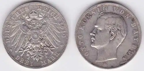 3 Mark Silbermünze Bayern König Otto 1910 Jäger 47  (123018)