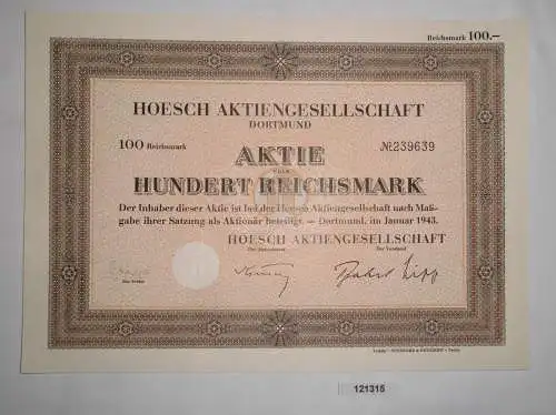 100 Reichsmark Aktie Hoesch AG Dortmund Januar 1943 (121315)