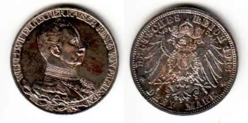 3 Mark Silbermünze Preussen Kaiser in Uniform 1913 Jäger 112  (111587)