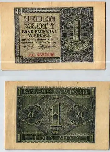 1 Zloty Banknote Generalgouvernement Polen 1941 Ro.579a (123970)