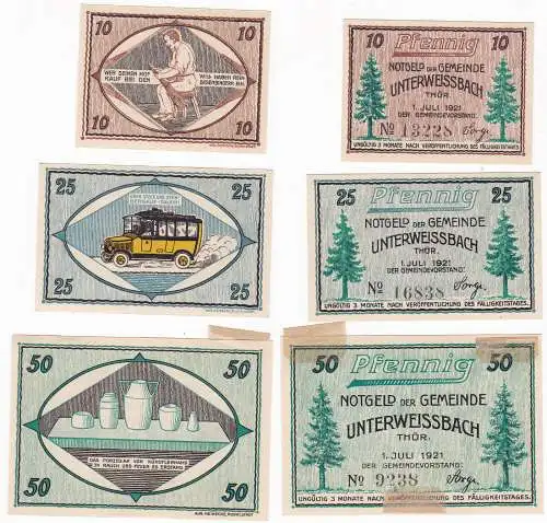 3 Banknoten Notgeld Gemeinde Unterweisbach 1.Juli 1921 (129903)
