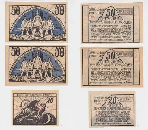 20 & 2 x 50 Pfennig Banknoten Kreis Norderdithmarschen 1921 (137973)