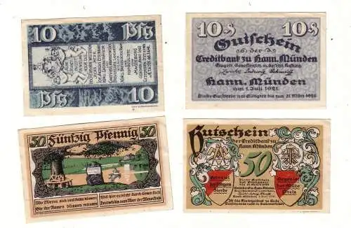 2 Banknoten Notgeld Kreditbank zu Hann.Münden 1921 (112259)