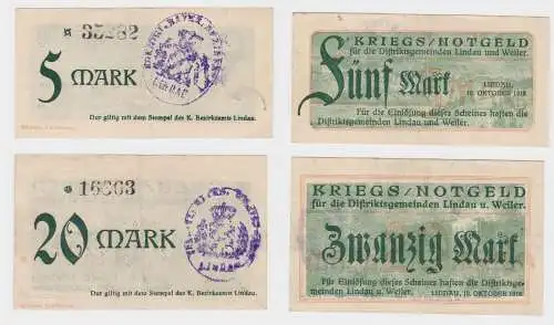 5 und 20 Mark Banknoten Distriktsgemeinde Lindau & Weiler 10.10.1918 (130800)