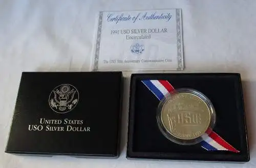 1 Dollar Silber Münze USA 1991 USO 50th ANNIVERSARY im Original Etui (115463)