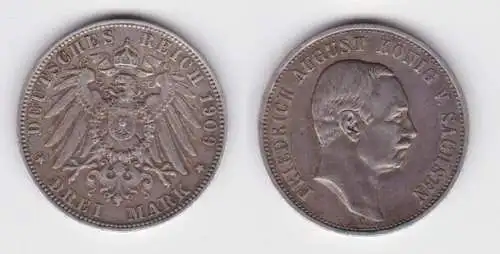 3 Mark Silber Münze Sachsen König Friedrich August 1909 E (141879)