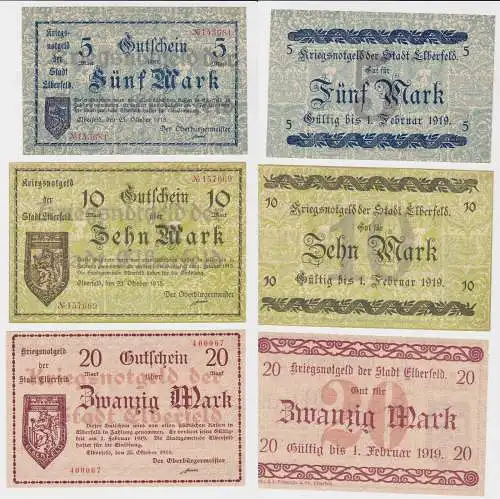 5, 10 & 20 Mark Banknoten Stadt Elberfeld 25.Oktober 1918 (130450)