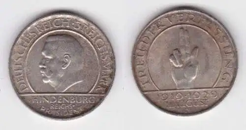 3 Mark Silber Münze Weimarer Republik Treu der Verfassung 1929 D (141931)