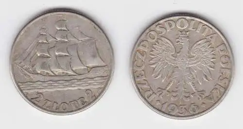 2 Zloty Silber Münze Polen Segelschiff 1936 (135843)
