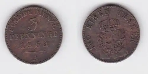 3 Pfennige Kupfer Münze Preussen 1862 A (141748)