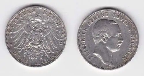 3 Mark Silber Münze Sachsen König Friedrich August 1910 E (141726)