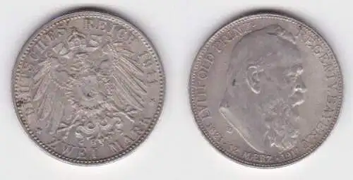 2 Mark Silbermünze Bayern Prinzregent Luitpold 1911 Jäger 48  (141704)