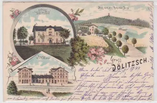 49095 Ak Lithographie Gruß aus Dölitzsch Gasthof, Bahnhof Narsdorf 1899
