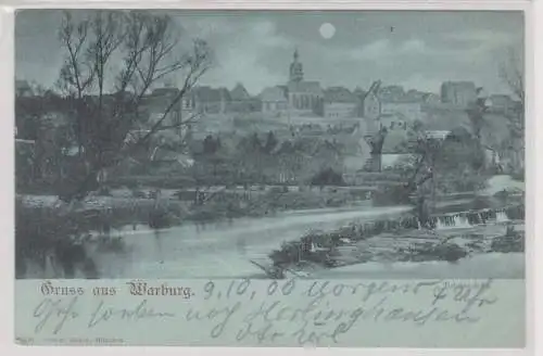 99321 Mondschein AK Gruss aus Warburg - Ortsansicht mit Flusspartie 1900