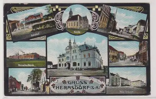 49322 Ak Gruss aus Hermsdorf - Porzellanfabrik, Bahnhof, Straßenansichten 1911