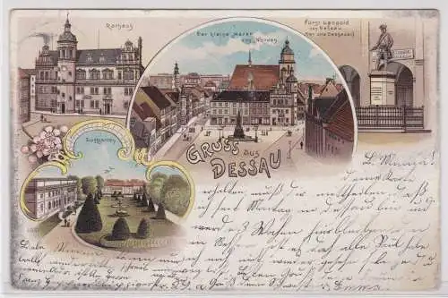 900879 AK Gruss aus Dessau - Rathaus, Lustgarten, Markt, Fürst Leopold 1900