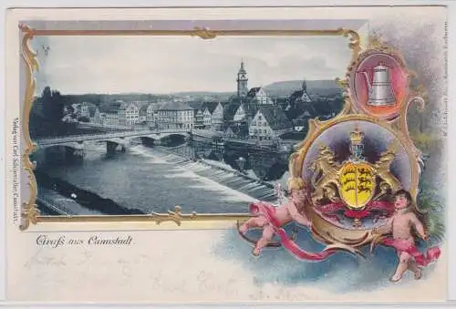 900885 Passepartout AK Gruß aus Cannstadt - Ortsansicht mit Wehranlage 1900