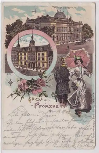 900483 Lithografie AK Gruss aus Pforzheim - Rathaus, Reichspostgebäude 1901
