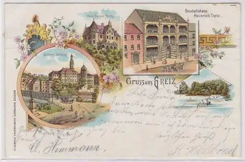 900627 AK Gruss aus Greiz - Schloss, Geschäftshaus Heinrich Tietz, Parksee 1902