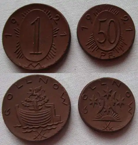 50 Pfennig & 1 Mark Porzellan Münzen Gollnow 1921 (156687)