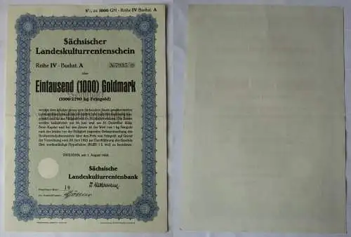 1000 Goldmark Rentenschein Landeskulturrentenbank Sachsen Dresden 1928 (157166)