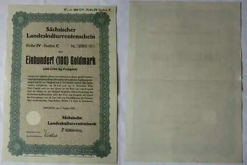 100 Goldmark Rentenschein Landeskulturrentenbank Sachsen Dresden 1928 (157129)
