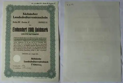 100 Goldmark Rentenschein Landeskulturrentenbank Sachsen Dresden 1928 (157127)
