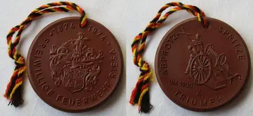 DDR Porzellan Medaille 100 Jahre Freiwillige Feuerwehr Riesa 1874-1974 (149396)