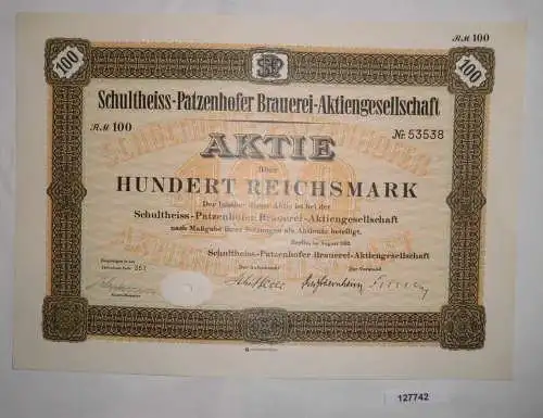 100 Mark Aktie Schultheiss Patzenhofer Brauerei in Berlin August 1932 (127742)