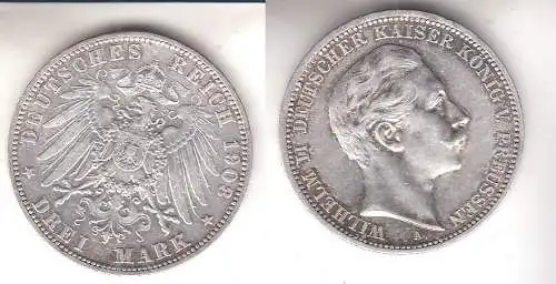 3 Mark Silbermünze Preussen Kaiser Wilhelm II 1908 Jäger 103  (111517)
