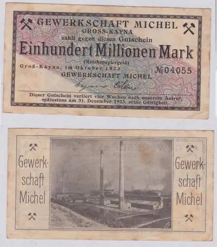 100 Millionen Inflation Banknote Gross Kayna Gewerkschaft Michel 1923 (126572)