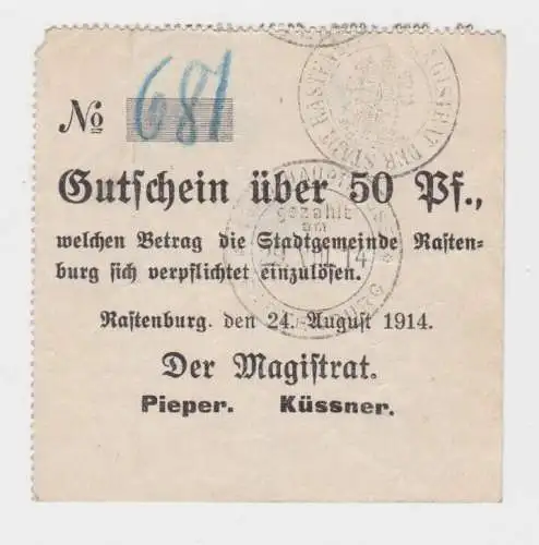 50 Pfennig Banknote Notgeld Stadt Rastenburg 24. August 1914 (138071)