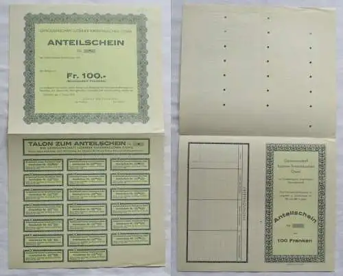 100 Franken Aktie Genossenschaft Luzerner Ferienhäuschen Giswil 1935 (139534)