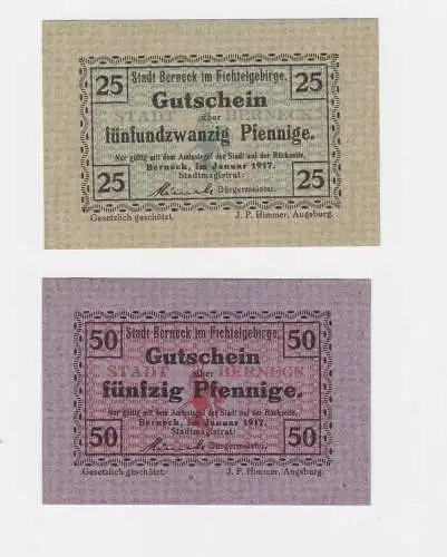 25 & 50 Pfennig Banknoten Notgeld Stadt Berneck Januar 1917 (122356)