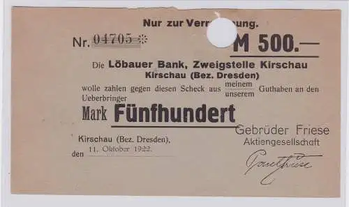 500 Mark Banknote Löbauer Bank Zweigstelle Kirschau 11.10.1922 (126584)