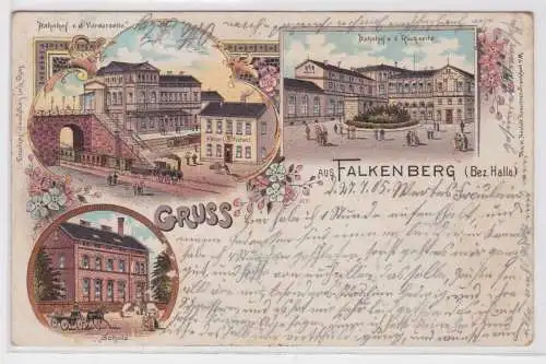 89599 Ak Lithographie Gruß aus Falkenberg (Bez.Halle) Bahnhof usw. 1905