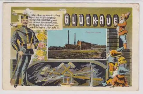94143 Ak Gruß aus Borna Braunkohlenwerk Bergarbeiter, "Glück Auf!" 1931