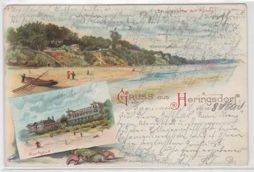 59156 Ak Lithographie Gruß aus Heringsdorf Kurhaus und Strand 1898